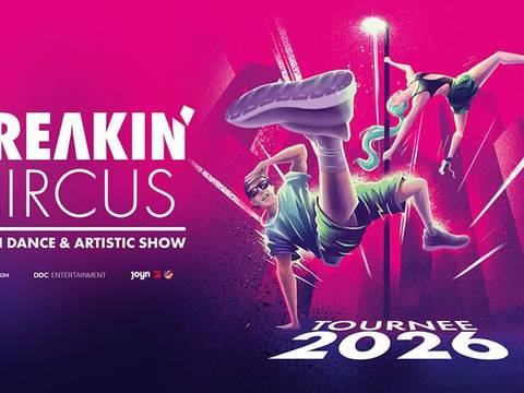  – Zwei tanzende Personen in sportlicher Kleidung vor pinkem Hintergrund. Text: "Breakin' Circus Urban Dance & Artistic Show Tournee 2026".