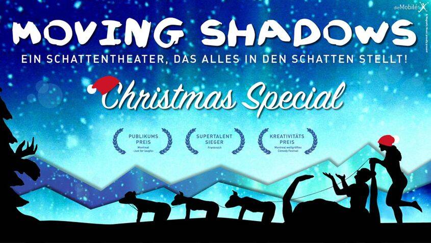 MOVING SHADOWS, ein Schattentheater. Christmas Special. Silhouetten von Tieren mit Schlitten und Personen. Publikumspreis, Supertalent Sieger, Kreativitäts