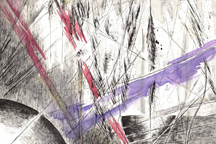 ohne Titel – Abstraktes Kunstwerk mit schwarzen Linien, roten und lila Streifen auf hellem Hintergrund.