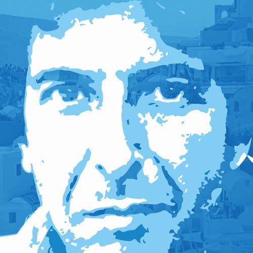 Leonard Cohen Porträt in Blau und Weiß, Gesichtsdetail im Vordergrund. Hintergrund in Blautönen, Gebäude und Landschaft.