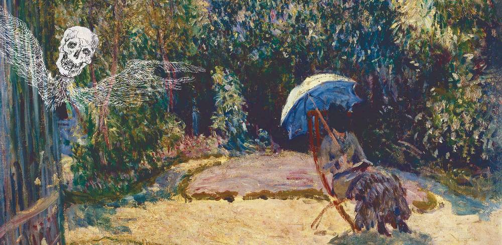 Grafik unter Verwendung von: Alfred Sisley, Sommersonne (Frau mit Sonnenschirm), Detail, 1883 und James Ensor, Die Todsünden, vom Tode beherrscht, Detail, 1904