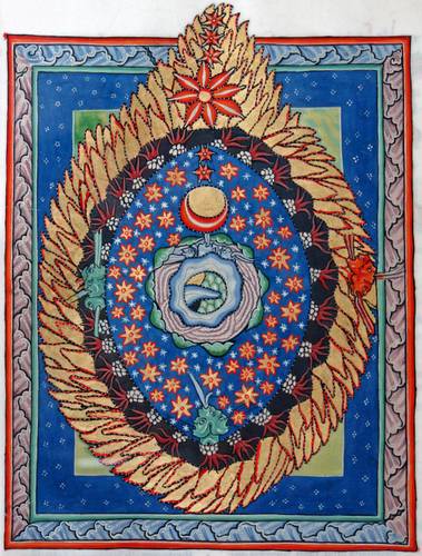 Miniatur »Das Weltenei« aus Rupertsberger Scivias-Kodex der Hildegard von Bingen, um 1175 – Miniatur »Das Weltenei« aus Rupertsberger Scivias-Kodex der Hildegard von Bingen, um 1175