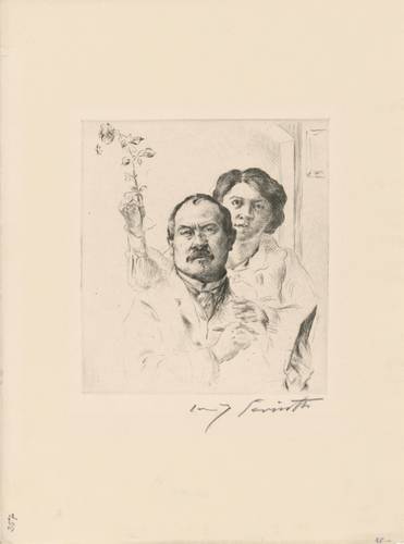 Lovis Corinth, Selbstbildnis mit Gattin, 1904 – Radierung eines männlich gelesenen und einer weiblich gelesenen Person. Die weiblich gelesene Person hält eine Rose und hat eine Hand leicht auf der Schulter der anderen Person aufgelegt.