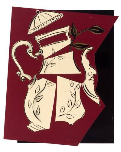 Porzellan (Ausstellungsexemplar) von Izhar Patkin, New York, 2000 – Eine Collage aus Papier namens Porzellan von Izhar Patkin aus dem Jahr 2000. Man kann Teile einer hellen Kanne, eine Pflanzenranke und ein Gesicht von der Seite erkennen.