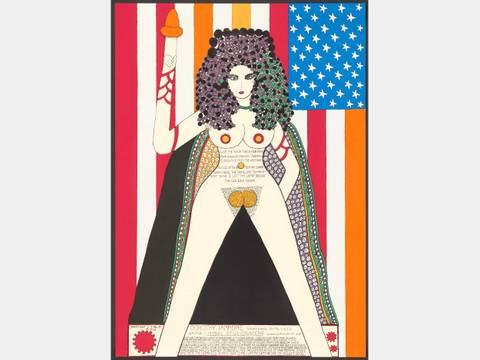 Dorothy Iannone, „The Statue of Liberty“, 1977, Plakat der Ausstellung "Sound Boxes, Texts, Video" in der Studiogalerie Berlin, Siebdruck auf Papier, aus dem Archiv des Berliner Künstlerprogramm des DAAD