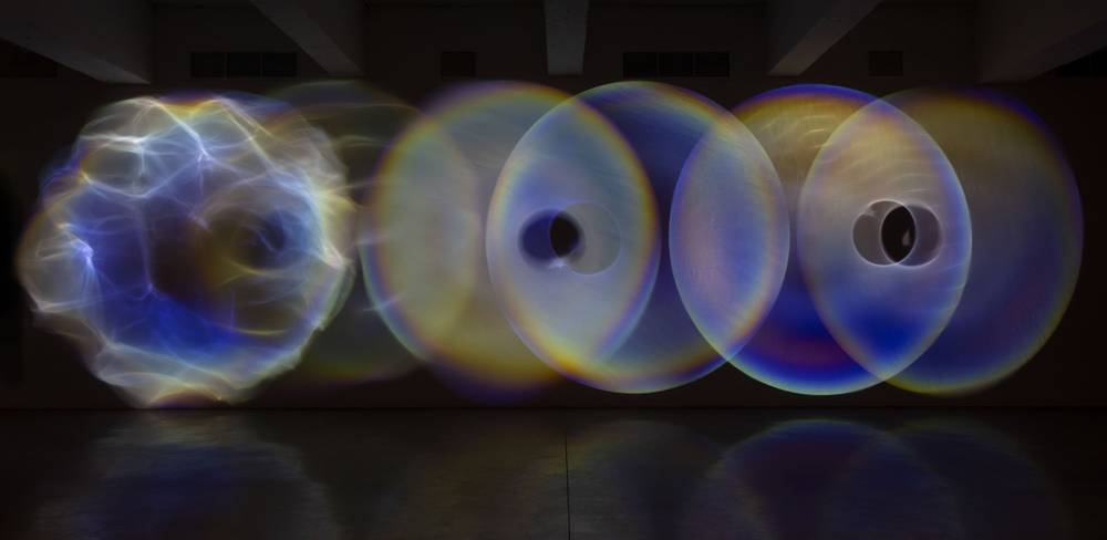Olafur Eliasson, Your psychoacoustic light ensemble, 2024, Spotlight, glass lens, mirror foil, tripod, transducer, embedded computer system, Installation view: Your psychoacoustic light ensemble, Tanya Bonakdar Gallery, New York, 2024