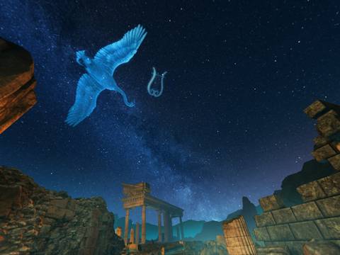© Fulldome Studio DN – Sternbilder Schwan und Leier am Nachthimmel über alten, mythischen Ruinen. © Fulldome Studio DN
