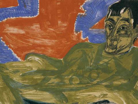 Ernst Ludwig Kirchner, Porträt Otto Mueller, Detail, 1915, Farbholzschnitt von zwei Stöcken