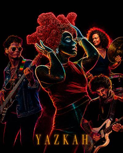 Live mit YAZKAH – Vier Personen in neonfarbenem Stil. Frau mit rotem Haar im Vordergrund, Bassist links, Gitarrist rechts, Drummerin hinten. Text: YAZKAH.