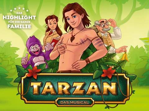  – Blickfang ist eine Illustrierte mit einem lächelnden Mann mit langen Haaren und Tattoos. Text: TARZAN DAS MUSICAL, DAS HIGHLIGHT FÜR DIE GANZE FAMILIE.