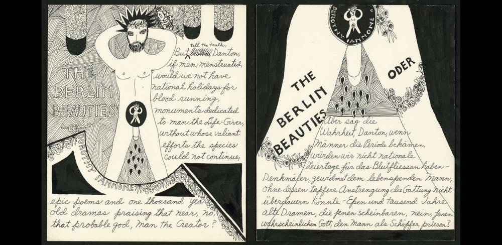 Dorothy Iannone, aus der Serie „The Berlin Beauties“, 1977-78, Schwarze Tusche, Spuren von Bleistift auf weißem Zeichenkarton