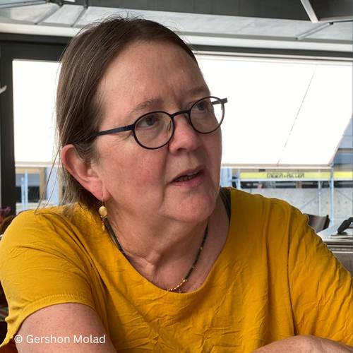 Anne Birkenhauer – Ältere Person mit Brille und gelbem Oberteil, sitzt drinnen. Im Hintergrund große Fenster.© Gershon Molad.