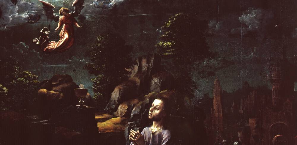 Jan Gossart, Christus am Ölberg (Detail), 1509/10 – Gemälde einer betenden Person unter einem Engelswesen am Himmel. Der Engel trägt ein rotes Gewand, die Umgebung ist dunkel und bewaldet.