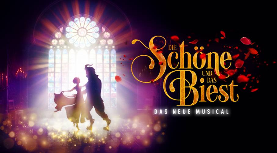 Die Schöne und das Biest – Das neue Musical – Zwei Silhouetten tanzen vor einem großen Fenster. Text: Die Schöne und das Biest Das neue Musical. Rote Blütenblätter fallen herab.