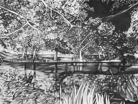 Marc Brandenburg, Ohne Titel, 2024 (Ausschnitt), Courtesy Galerie Thaddaeus Ropac – Schwarz-weiß-Zeichnung: Blick auf ein Gewässer und eine Park-Landschaft, die sich im Wasser spiegelt.