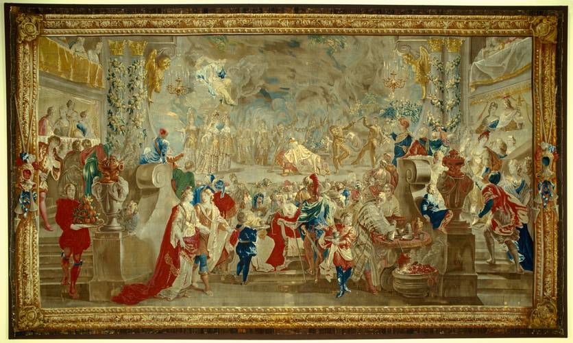 Tapisserie „Theatervorstellung mit Dolchtanz“, Brüssel um 1700. Geschenk Ludwig XIV. an Friedrich I. – Tapisserie „Theatervorstellung mit Dolchtanz“, Brüssel um 1700. Geschenk Ludwig XIV. an Friedrich I.