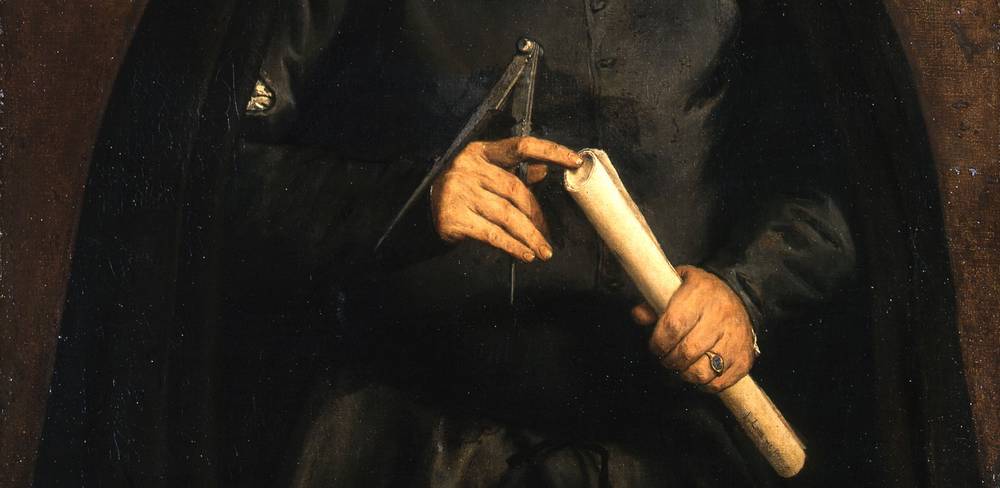 Lorenzo Lotto, Bildnis eines Mannes mit Zirkel und Papierrolle (Detail), um 1535