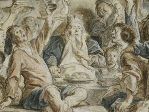 Jacob Jordaens, Das Fest des Bohnenkönigs (Detail), 1640/45, Schwarze Kreide, Rötel, braun und blau laviert, mit Deckweiß gehöht – Gruppe von Personen in mittelalterlicher Kleidung bei einem Bankett; eine Person mit Krone in der Mitte; dramatische Gestik; Bleistift- und Tuschezeichnung.
