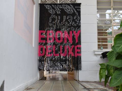Embodied Practices – Talk über Körperwissen 1 – Perlenvorhang mit der Aufschrift „EBONY DELUXE“ in einem Flur mit Pflanzen und gefliestem Boden