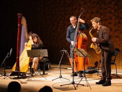 Kathrin Pechlof Trio – Drei Personen musizieren: eine Harfe spielende Person, eine person mit Kontrabass, eine Person mit Saxophon auf einer Bühne. Notenständer davor.
